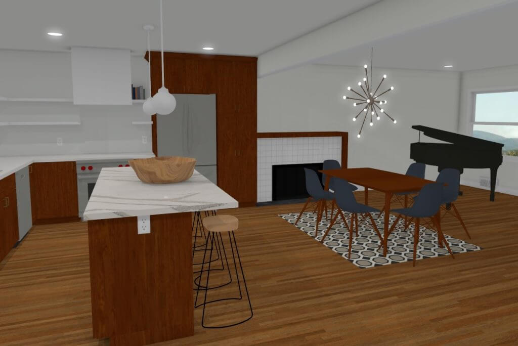 open kitchen and dining rendering for Odd Fellows Contracting remodel in East Lansing, MI