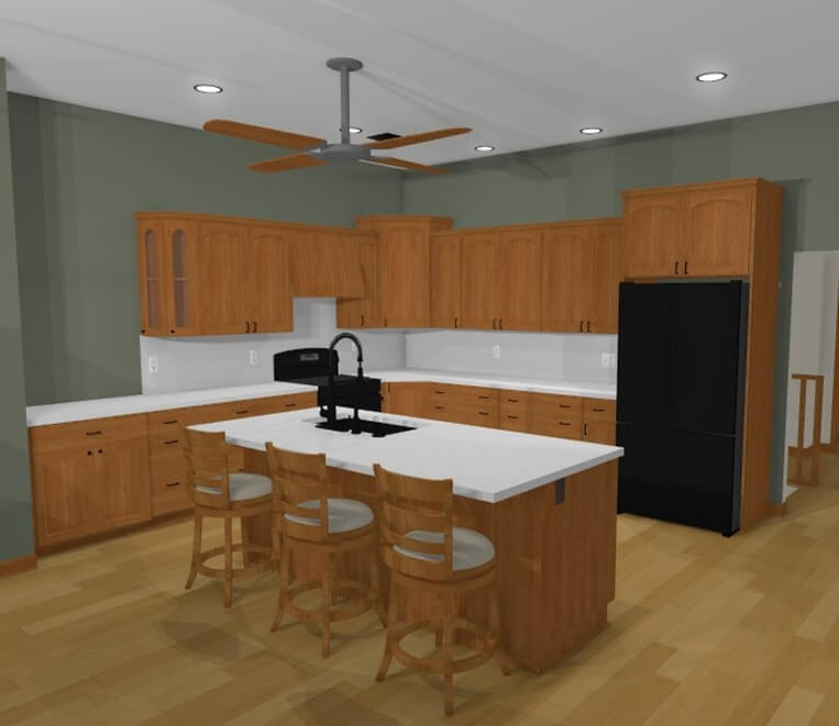 3D kitchen renovation rendering showing cabinet layout and island seating by Odd Fellows Contracting in Dewitt MI