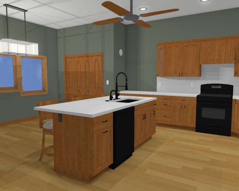 3D kitchen renovation rendering showing updated layout and cabinet design by Odd Fellows Contracting in Dewitt MI