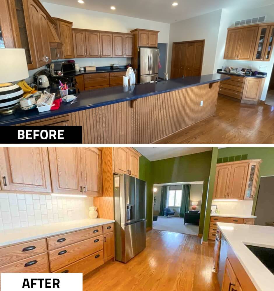 before and after kitchen remodel featuring updated countertops and cabinetry by Odd Fellows Contracting in Dewitt MI