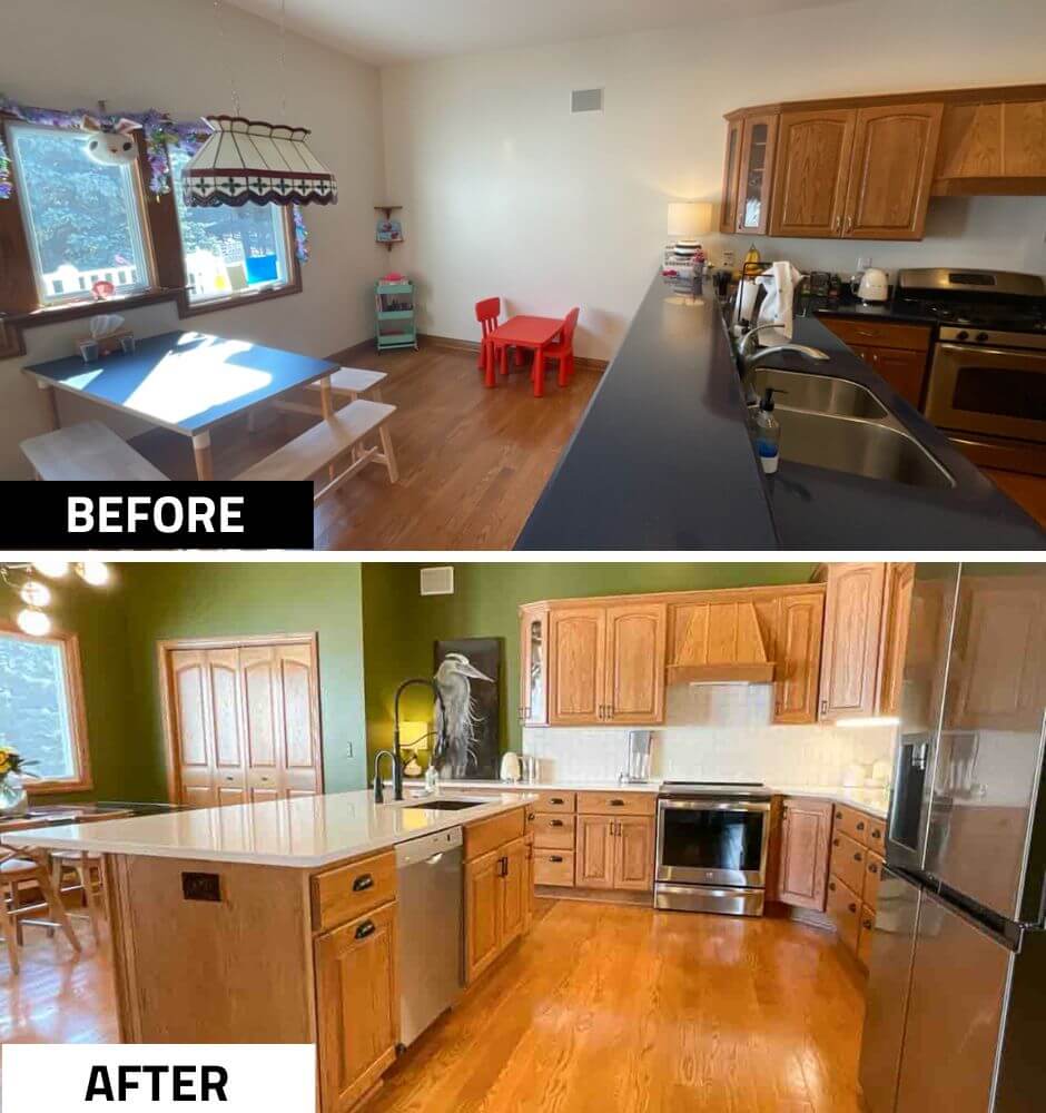 before and after kitchen remodel highlighting upgraded island and cabinetry by Odd Fellows Contracting in Dewitt MI