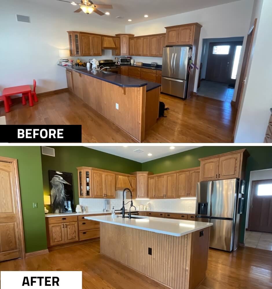 before and after kitchen remodel with updated island and cabinetry by Odd Fellows Contracting in Dewitt MI