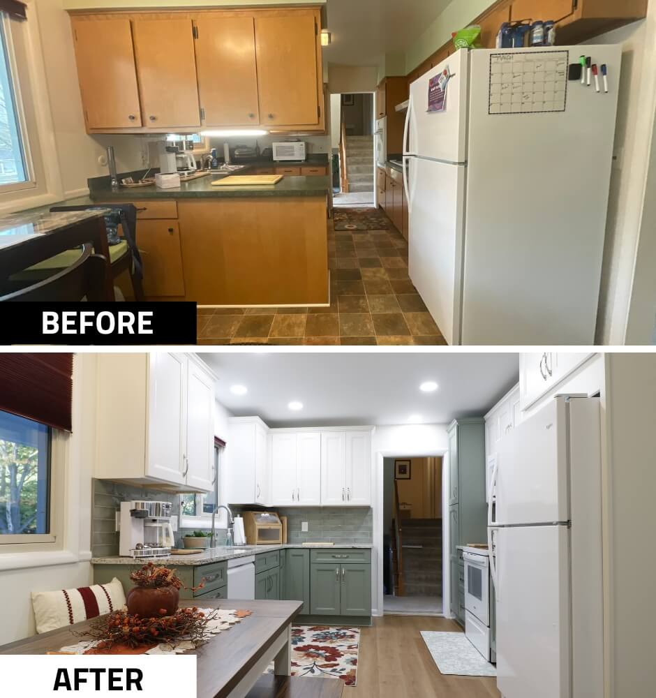 before and after kitchen remodel by Odd Fellows Contracting in Tacoma Hills, MI featuring updated cabinets and flooring