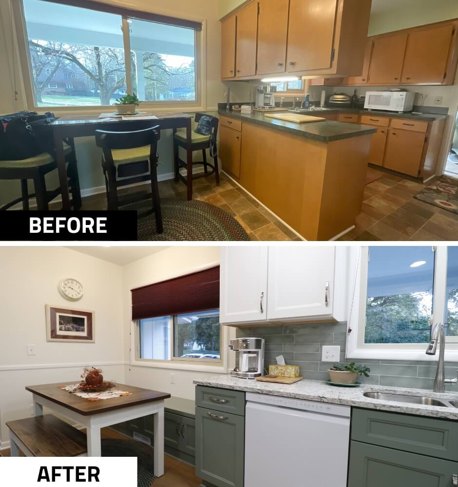 before and after kitchen remodel by Odd Fellows Contracting in Tacoma Hills, MI with upgraded cabinets and countertops