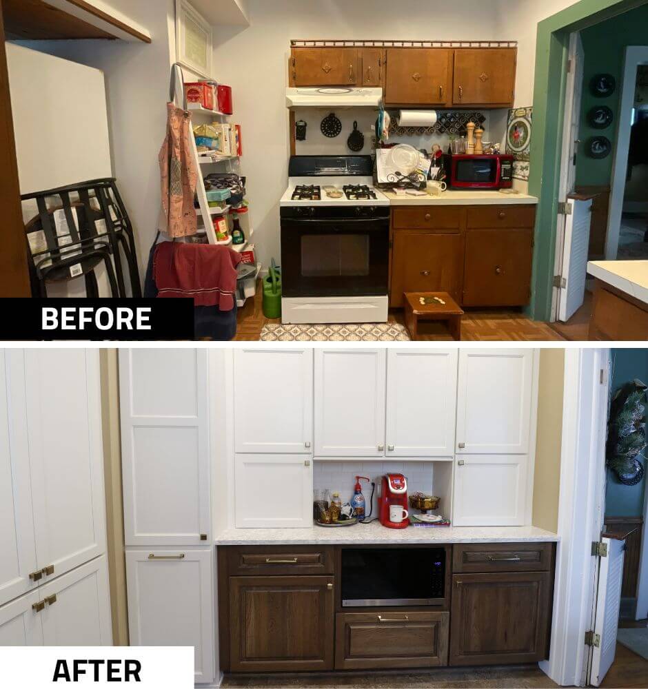 Before and after kitchen remodel by Odd Fellows Contracting in Lansing Westside MI featuring upgraded cabinetry and countertops