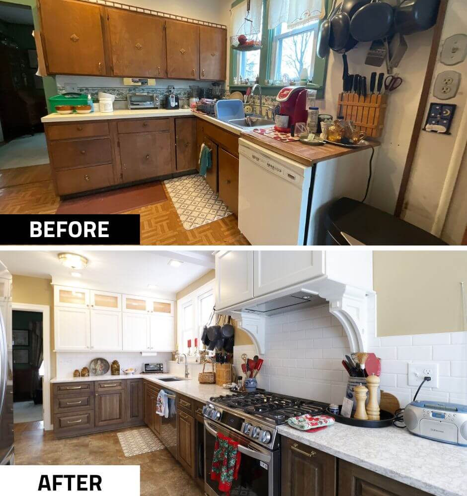 Before and after kitchen remodel by Odd Fellows Contracting in Lansing Westside MI with updated cabinets and modern finishes