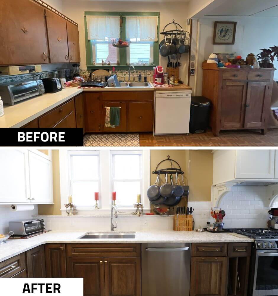 Before and after kitchen remodel by Odd Fellows Contracting in Lansing Westside MI with upgraded cabinets and sink area