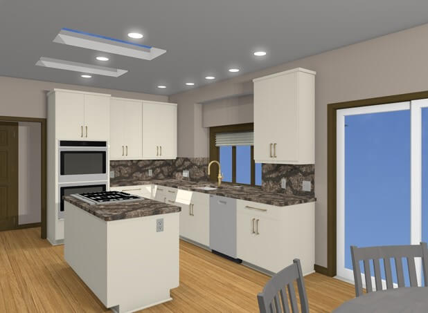 3D kitchen renovation rendering showing cabinet layout and island design by Odd Fellows Contracting in Lansing MI