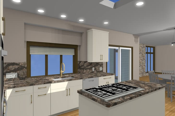 3D kitchen renovation rendering showing cabinetry layout and island cooktop design by Odd Fellows Contracting in Lansing MI