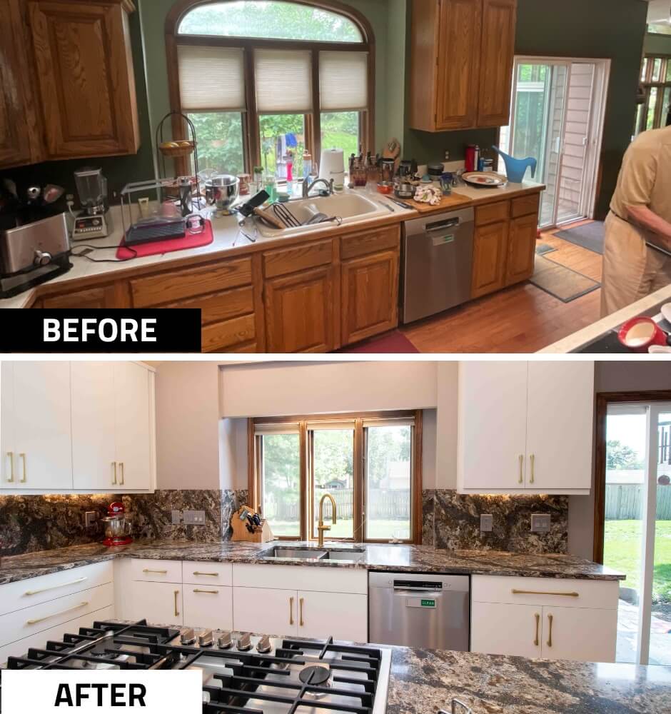 before and after kitchen remodel with modern white cabinetry and granite backsplash by Odd Fellows Contracting in Lansing MI