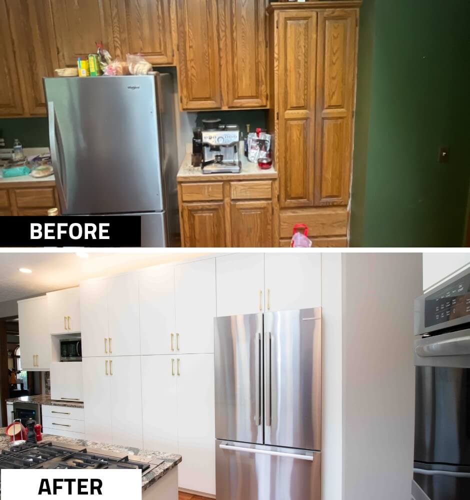 before and after kitchen remodel with tall pantry cabinets and stainless steel refrigerator by Odd Fellows Contracting in Lansing MI
