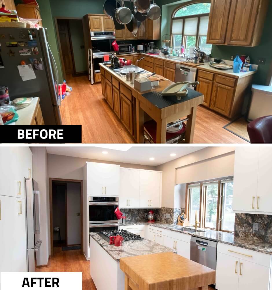 before and after kitchen remodel with white shaker cabinets and granite countertops by Odd Fellows Contracting in Lansing MI