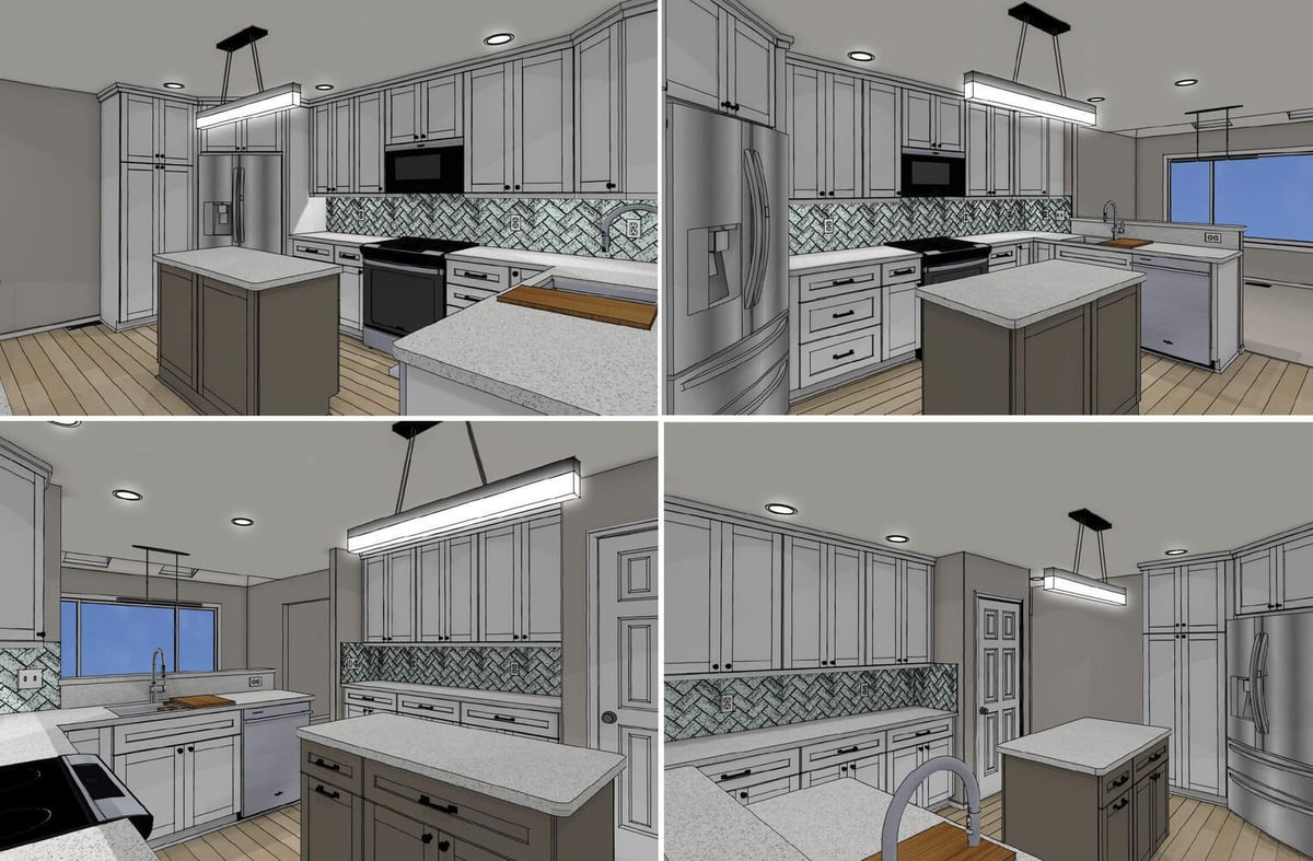 3D kitchen remodel design by Odd Fellows Contracting in Emerald Lake, MI with proposed tile backsplash and island