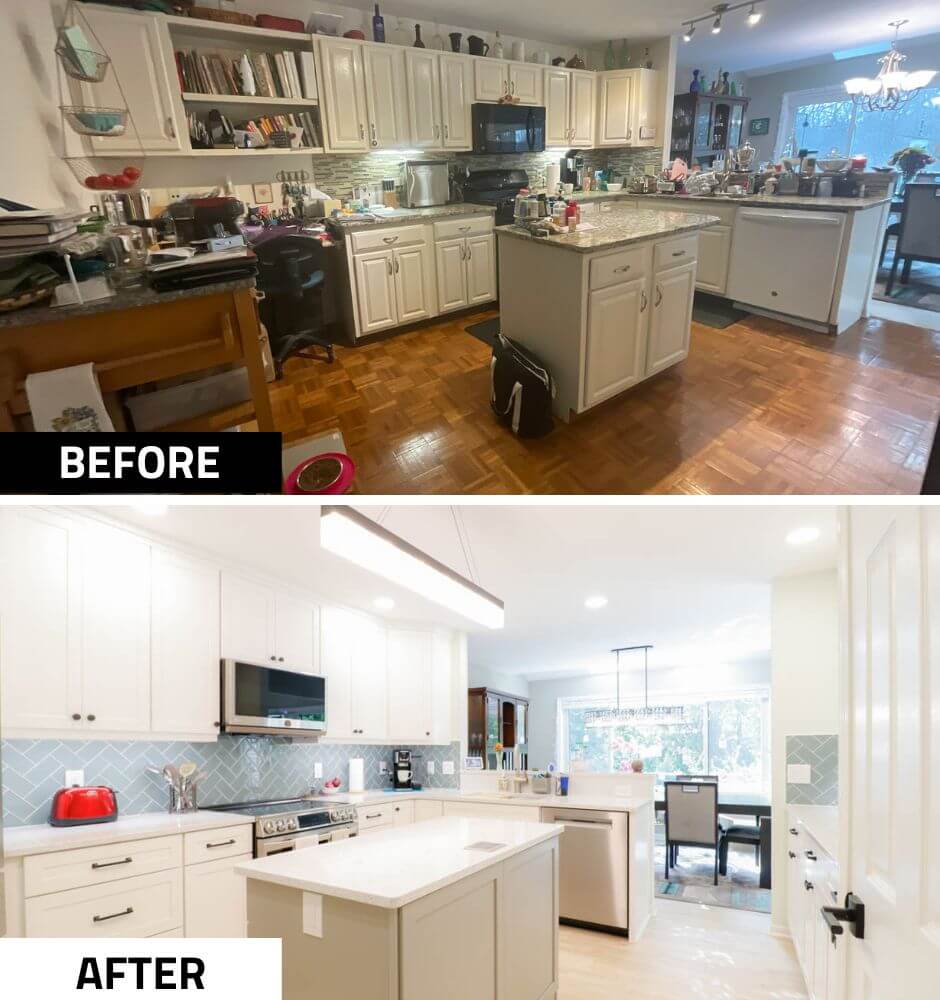 before kitchen remodel by Odd Fellows Contracting in Emerald Lake, MI with dated cabinets and parquet flooring