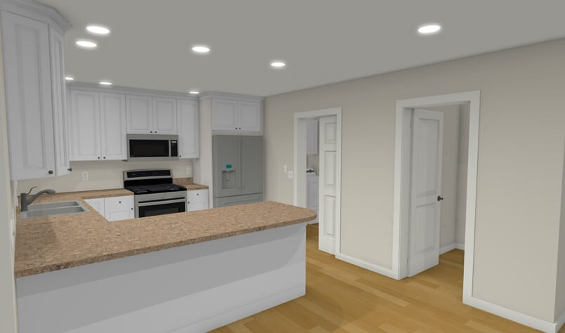 3D rendering of kitchen remodel layout with white cabinets and peninsula by Odd Fellows Contracting in Williamston MI
