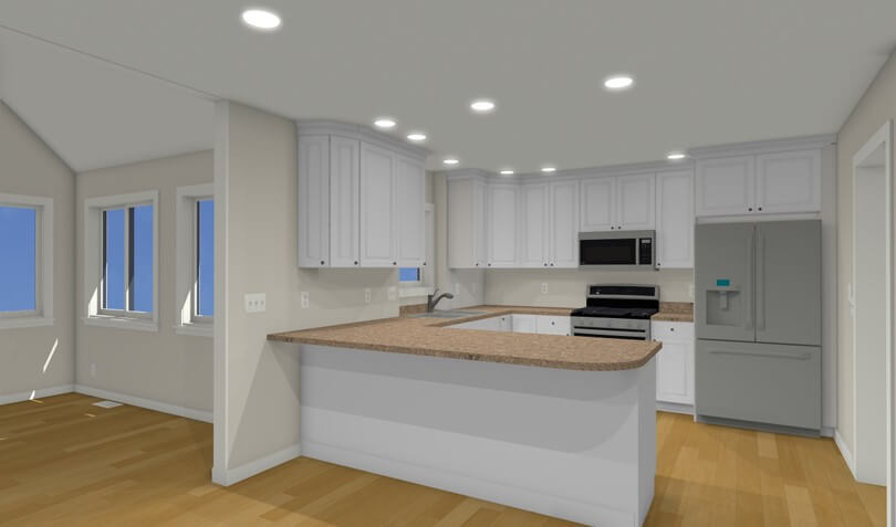 3D rendering of planned kitchen remodel with peninsula layout by Odd Fellows Contracting in Williamston MI