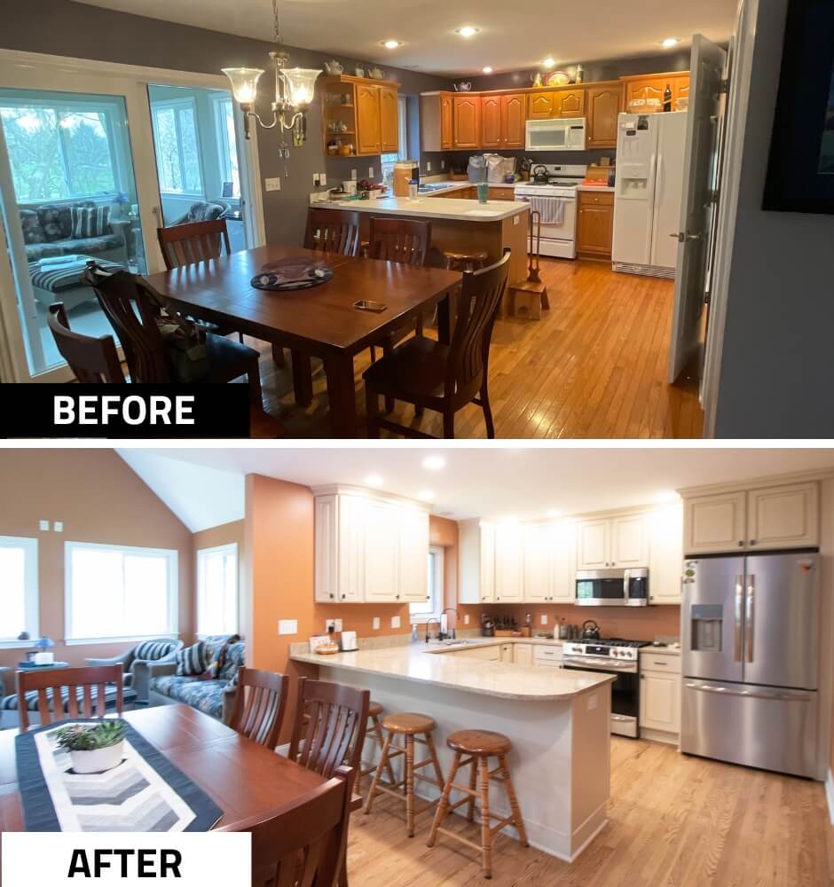 before and after kitchen renovation featuring new cabinets and improved open layout by Odd Fellows Contracting in Williamston MI