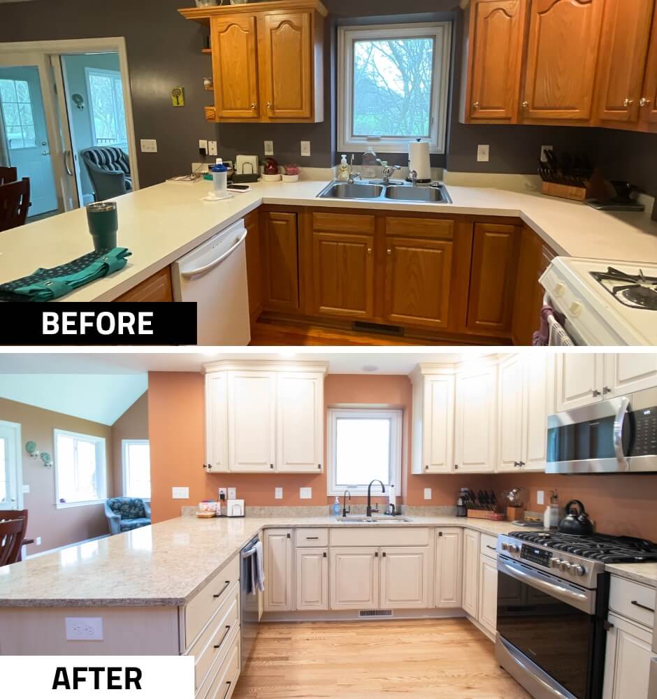 before and after kitchen renovation with new cabinetry and modern finishes by Odd Fellows Contracting in Williamston MI