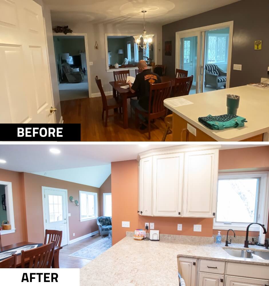 kitchen remodel before and after featuring updated cabinets and modern countertops by Odd Fellows Contracting in Williamston MI