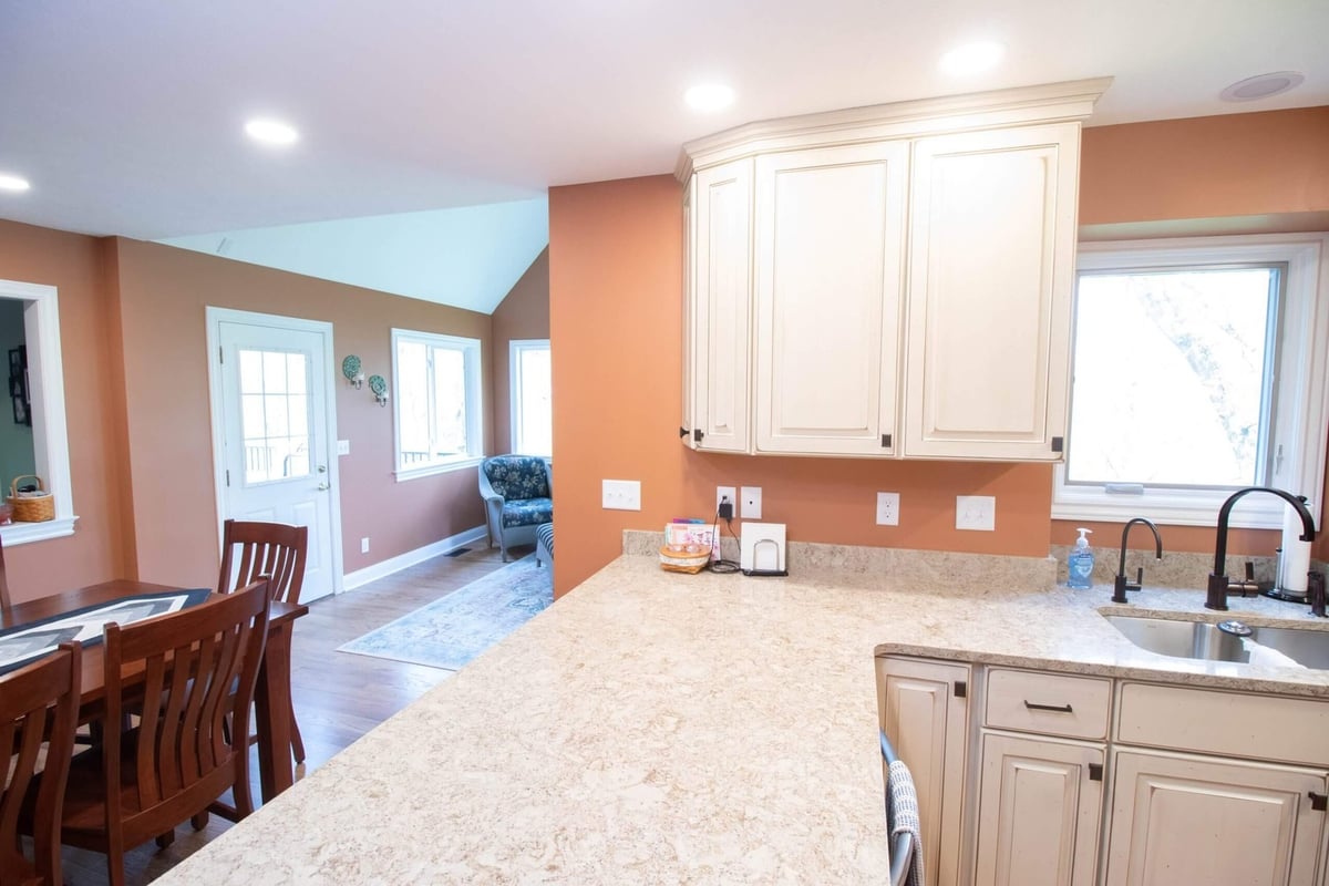 remodeled kitchen peninsula with seating and open layout by Odd Fellows Contracting in Williamston MI