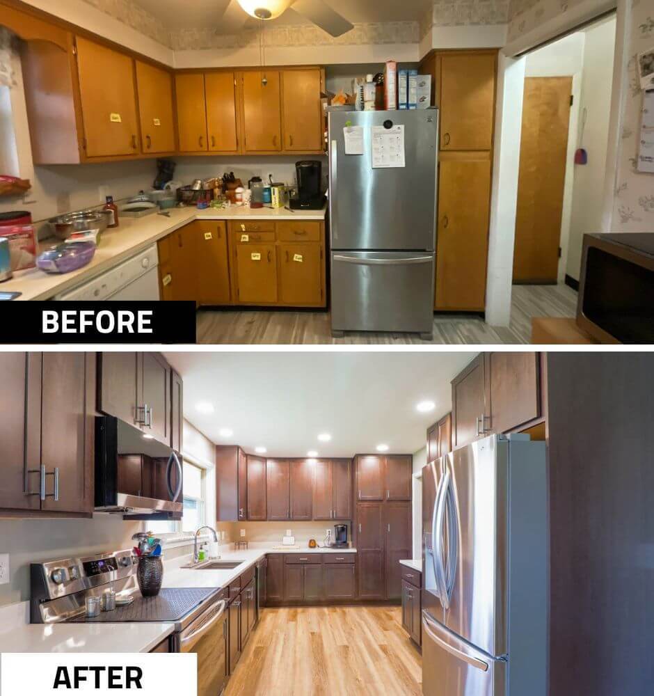 Before and after kitchen remodel by Odd Fellows Contracting in St. Joe, MI with new cabinetry, countertops, and stainless steel appliances.