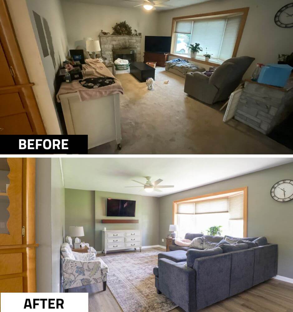 Before and after living room renovation by Odd Fellows Contracting in St. Joe, MI showcasing updated flooring, paint, and modern finishes.