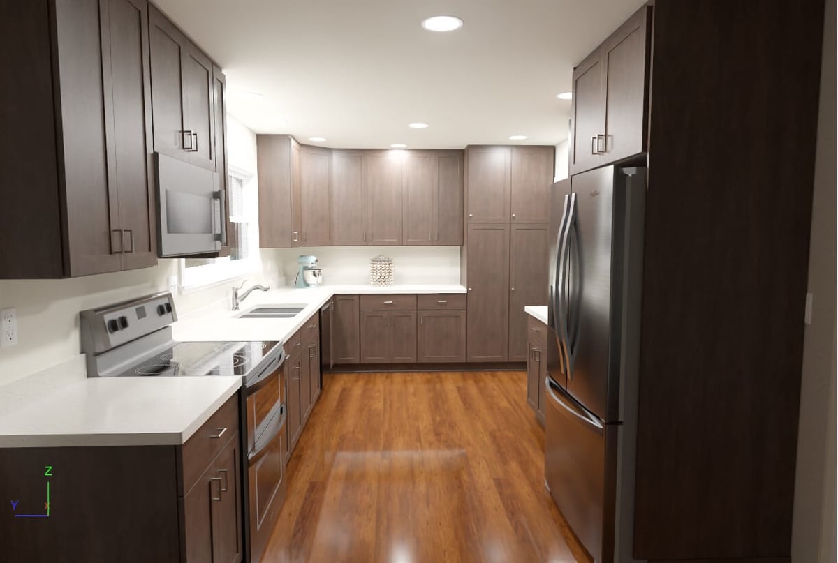 Interior kitchen rendering by Odd Fellows Contracting in St. Joe, MI with recessed lighting and full-height cabinetry.