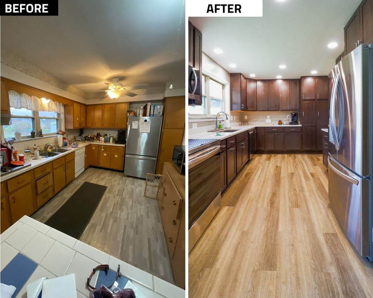 Side-by-side before and after kitchen transformation in St. Joe, MI by Odd Fellows Contracting.