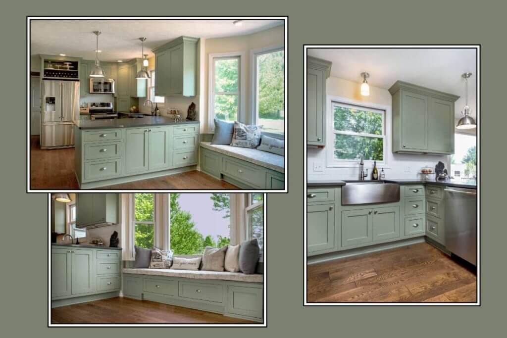 Kitchen renovation featuring sage green cabinetry and built in window bench in Williamston MI by Odd Fellows Contracting