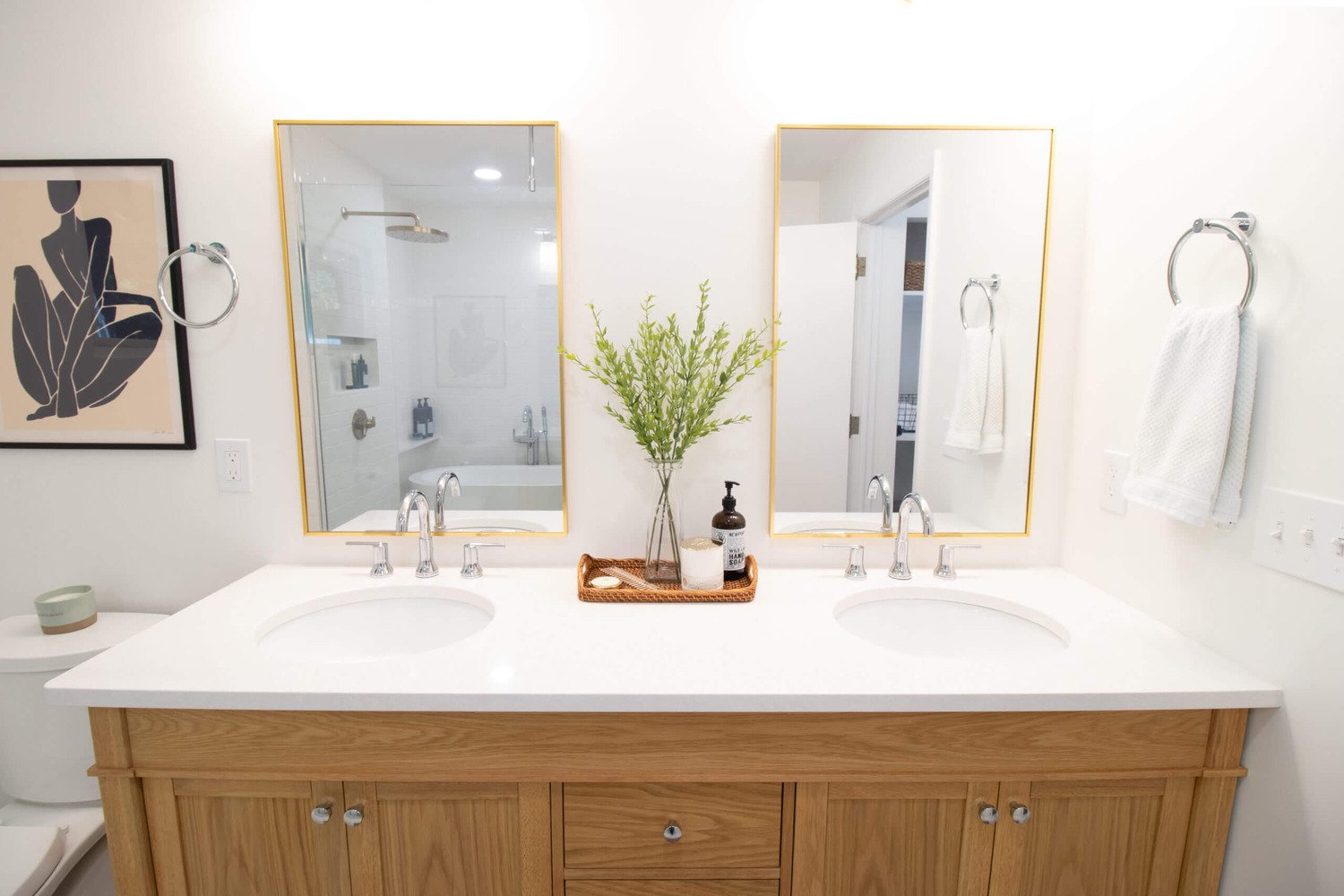 Custom double vanity with quartz countertop installed during Lansing MI bathroom remodel