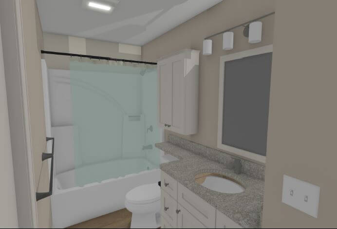 3D bathroom renovation design featuring granite countertop vanity and tub shower by Odd Fellows Contracting in Lansing, MI.