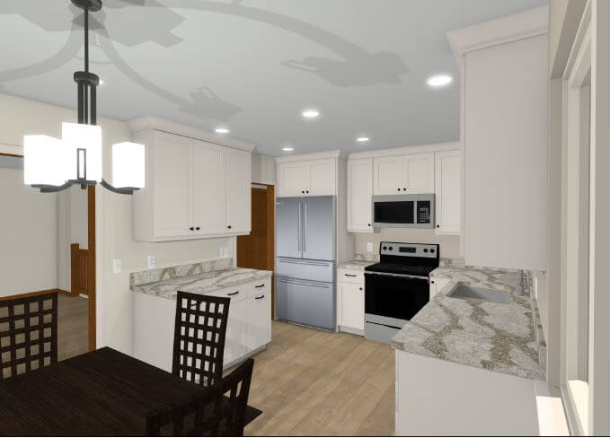 3D kitchen renovation concept featuring modern cabinetry, granite counters, and open layout by Odd Fellows Contracting in Lansing, MI.