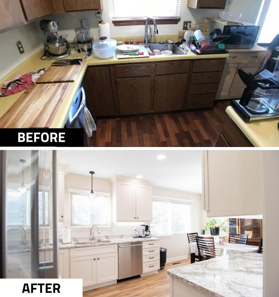 Before and after kitchen remodel showing outdated cabinets replaced with bright white cabinetry by Odd Fellows Contracting in Lansing, MI.