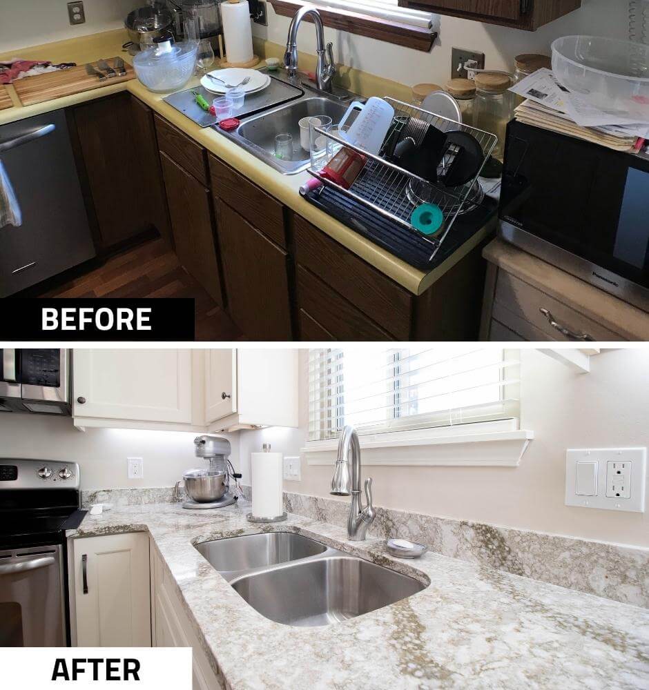 Before and after kitchen sink area remodel with upgraded granite countertops and cabinetry by Odd Fellows Contracting in Lansing, MI.