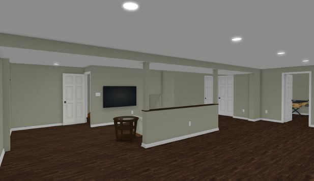 3D basement renovation concept with open entertainment area and finished flooring by Odd Fellows Contracting in Lansing, MI.