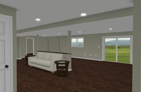 3D basement renovation design featuring open living space and entertainment area by Odd Fellows Contracting in Lansing, MI.