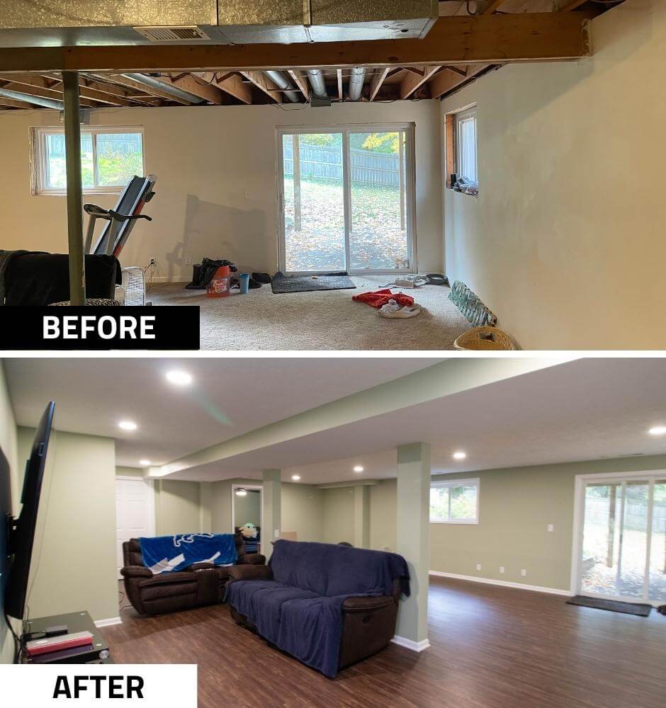 Before and after basement renovation with new flooring, lighting, and finished walls by Odd Fellows Contracting in Lansing, MI.
