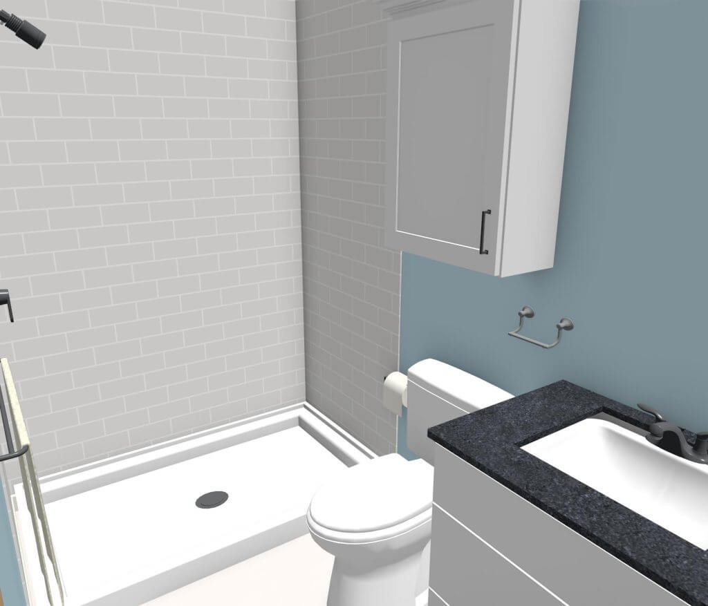 3D bathroom renovation concept showing walk-in shower and vanity by Odd Fellows Contracting in Holt, MI