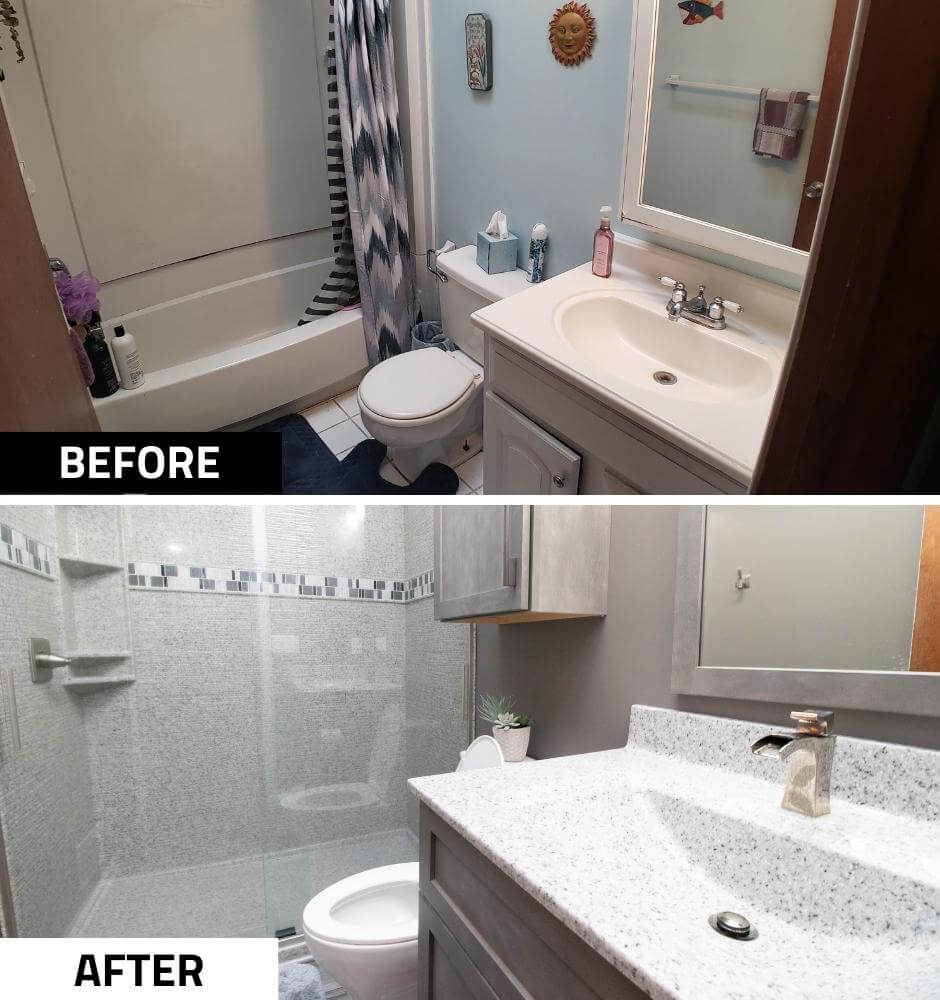 before and after bathroom remodel comparison by Odd Fellows Contracting in Holt, MI