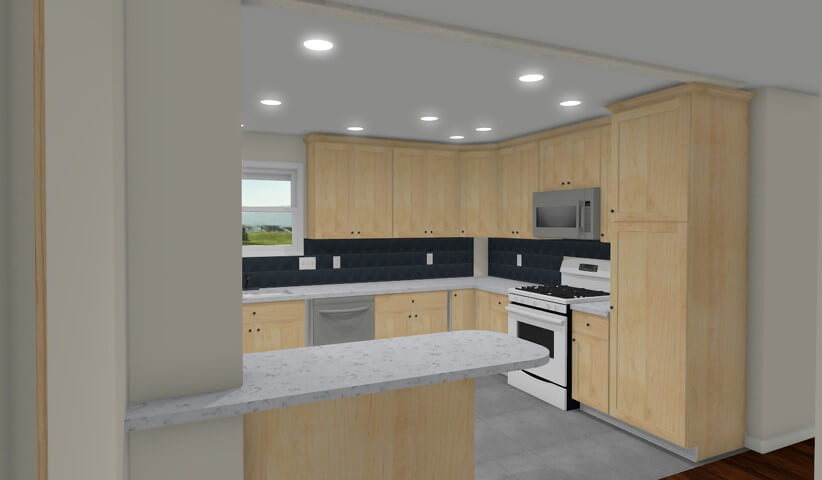 3D kitchen renovation rendering showing cabinet layout by Odd Fellows Contracting in East Lansing, MI