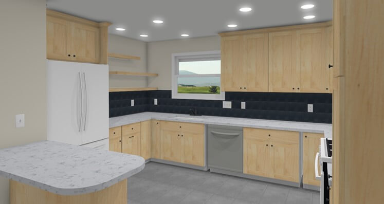 3D rendering of kitchen remodel layout with peninsula by Odd Fellows Contracting in East Lansing, MI