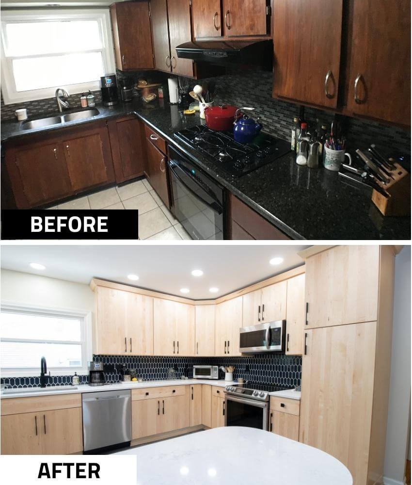 Before and after kitchen remodel featuring new cabinets and quartz peninsula by Odd Fellows Contracting in East Lansing, MI