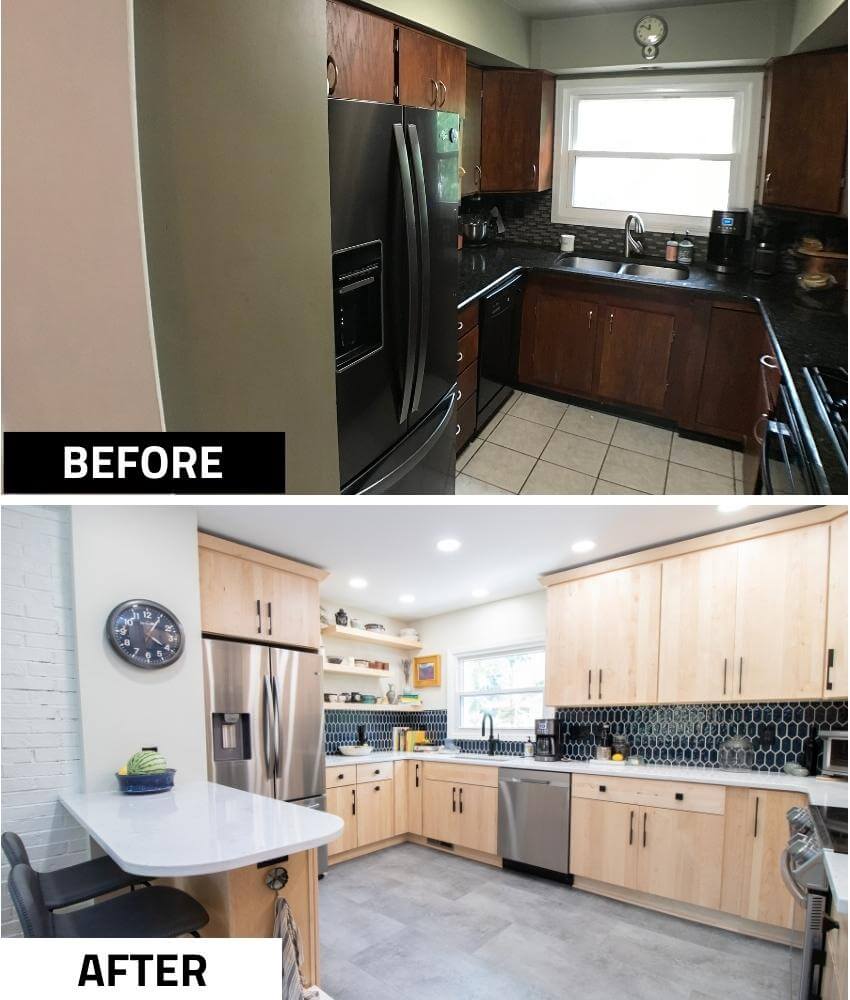 Before and after kitchen remodel with modern cabinetry and stainless appliances by Odd Fellows Contracting in East Lansing, MI