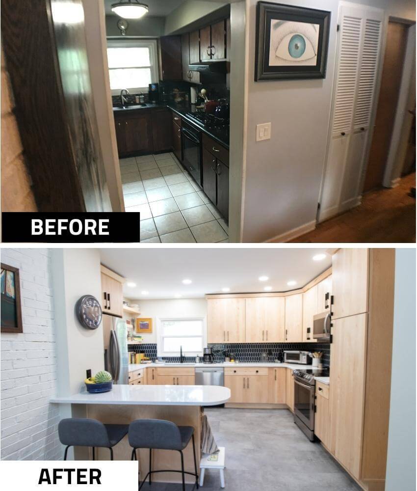 Before and after kitchen remodel with new cabinets, peninsula seating, and tile backsplash by Odd Fellows Contracting in East Lansing, MI