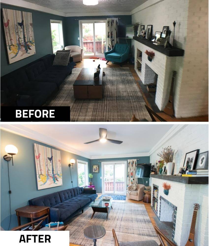 Before and after living room remodel with updated lighting and painted brick fireplace by Odd Fellows Contracting in East Lansing, MI