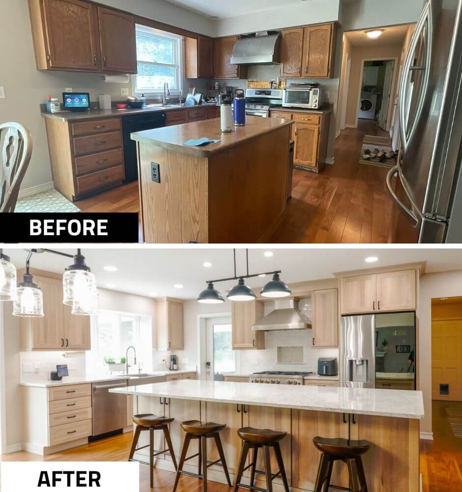 Before and after custom home kitchen by Odd Fellows Contracting in Cornell Woods, MI featuring expanded island and modern cabinetry.