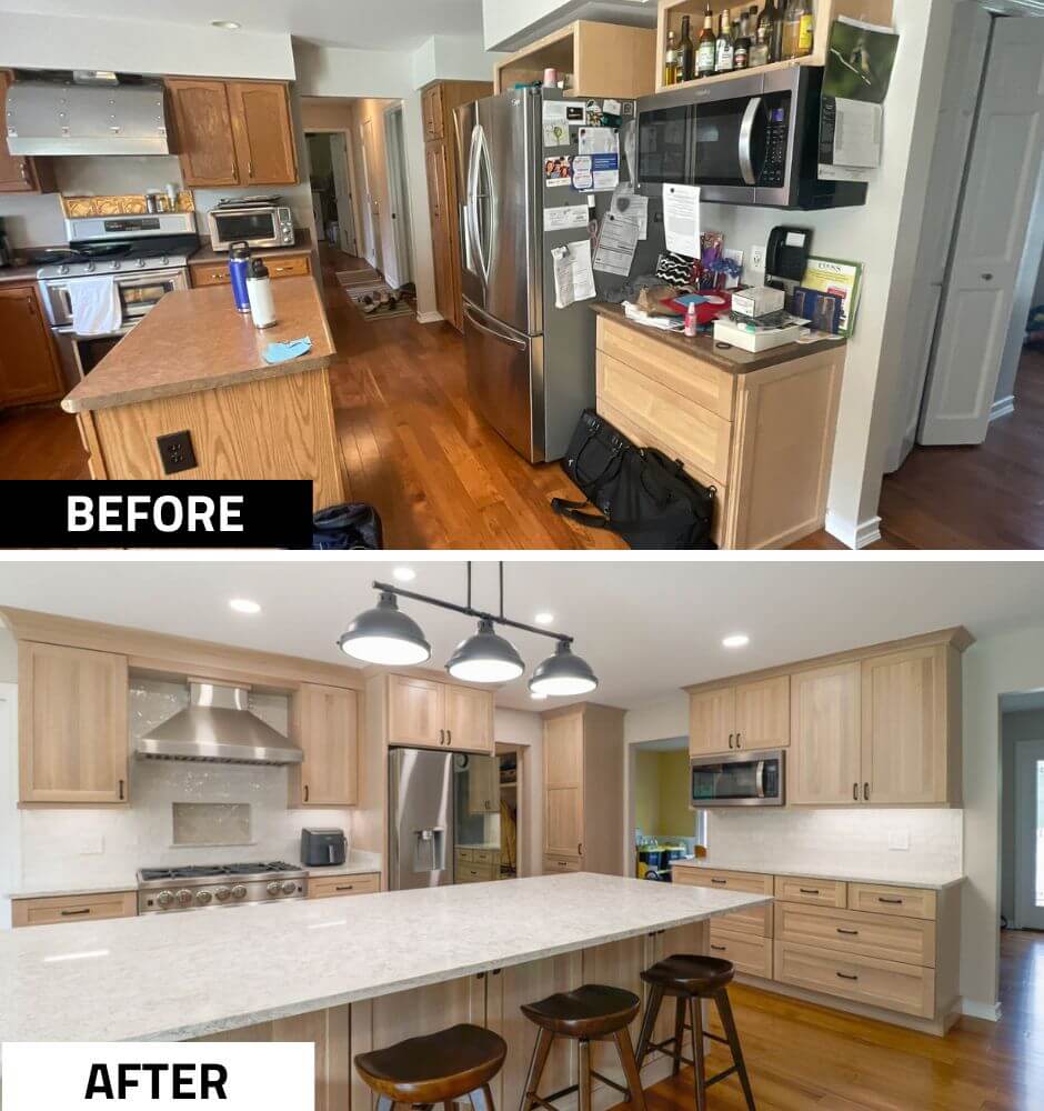 Before and after kitchen renovation in custom home by Odd Fellows Contracting in Cornell Woods, MI with updated cabinets and countertops.