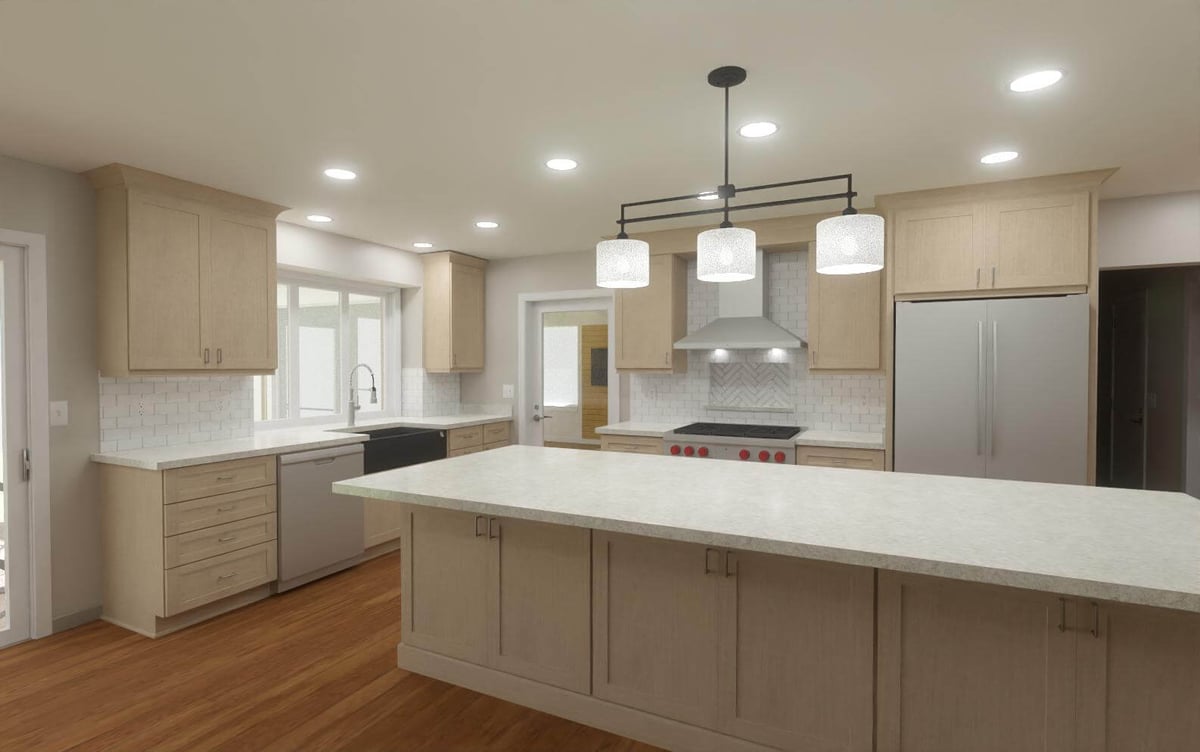 Cornell Woods, MI custom home kitchen design featuring spacious island and light wood cabinetry by Odd Fellows Contracting.