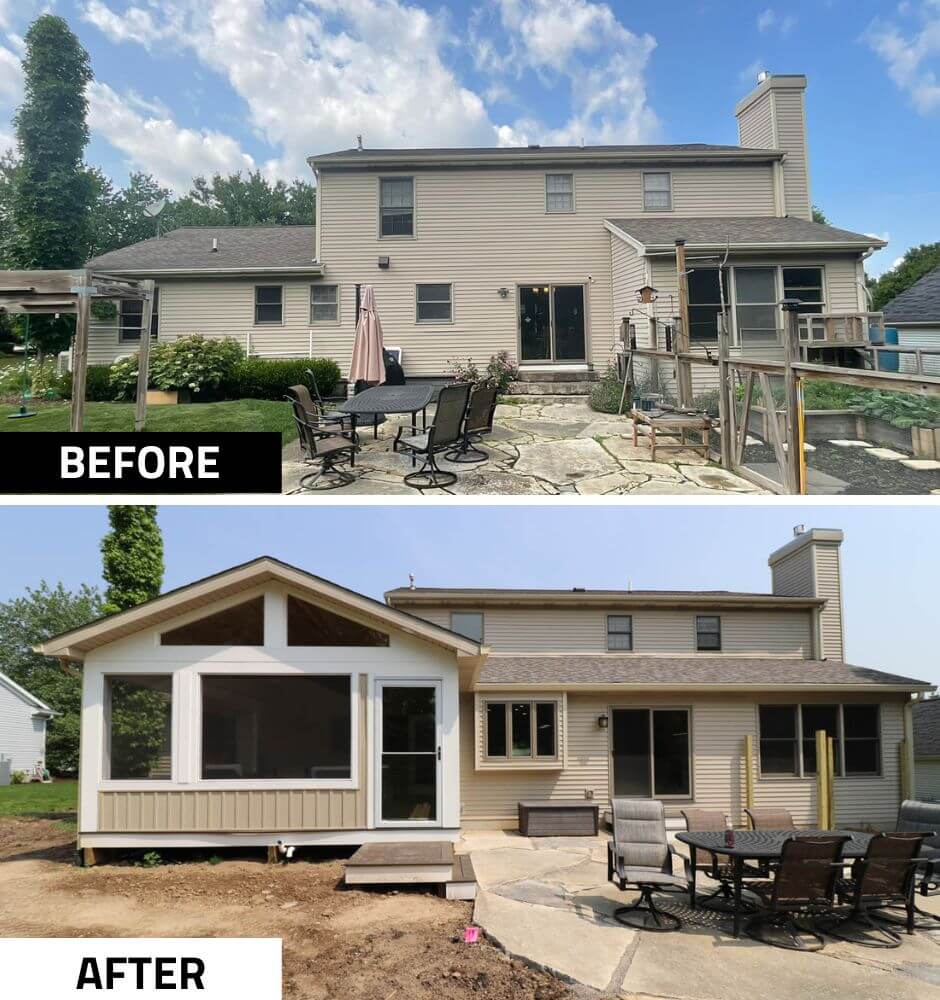 Custom home exterior upgrade in Cornell Woods, MI by Odd Fellows Contracting featuring added porch and patio improvements.