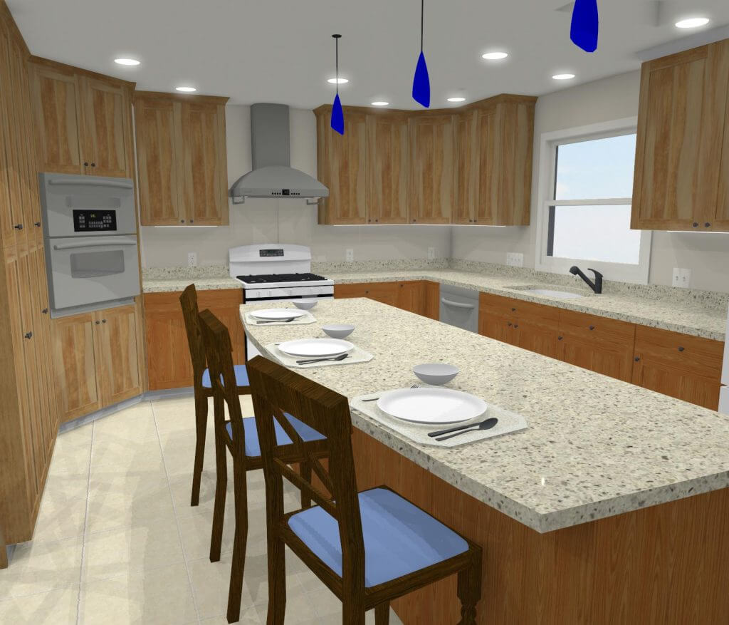 3D kitchen renovation rendering featuring island workspace and surrounding cabinetry by Odd Fellows Contracting in Grand Ledge, MI